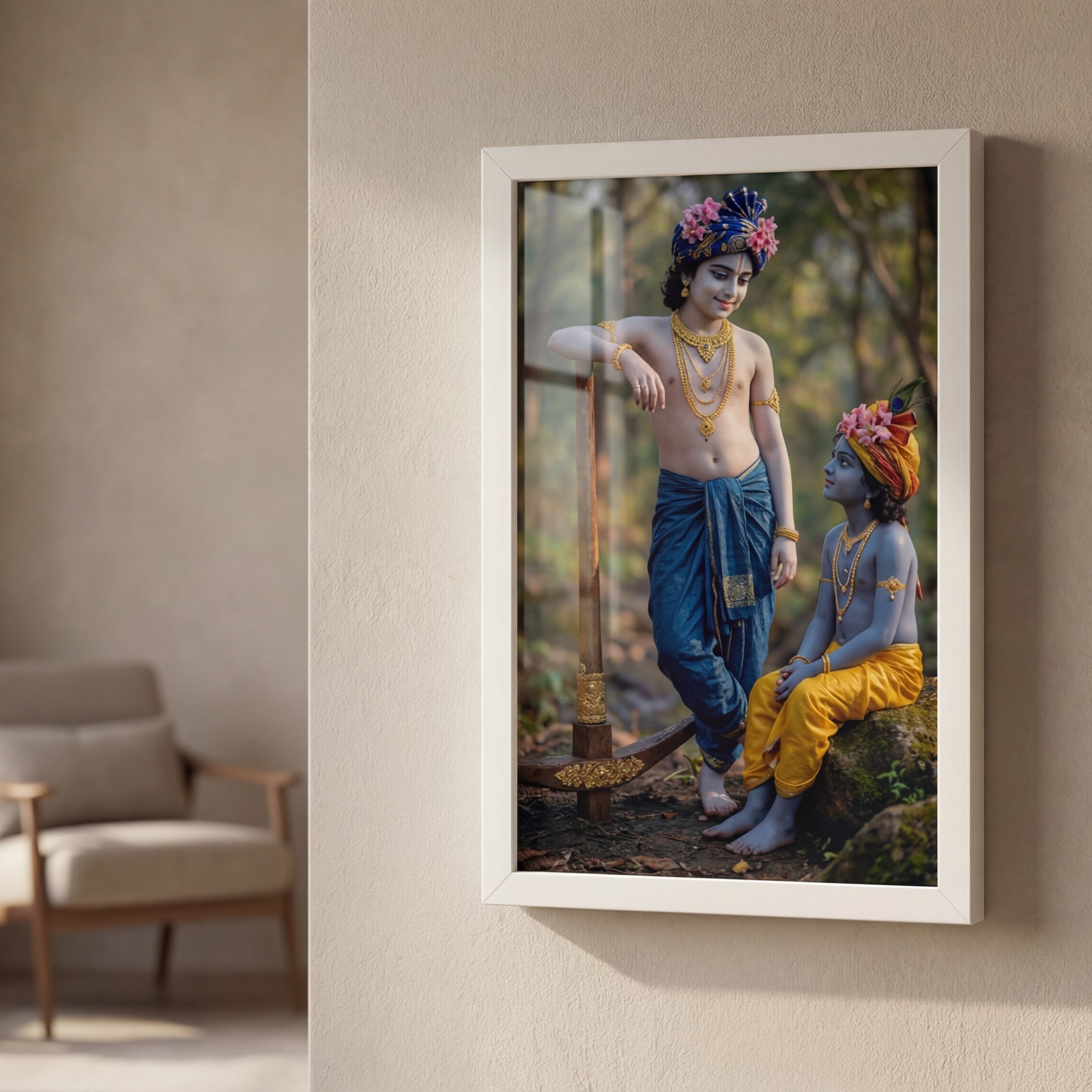 Framed artwork of two people in colorful outfits on a beige wall with a chair and table in the background.