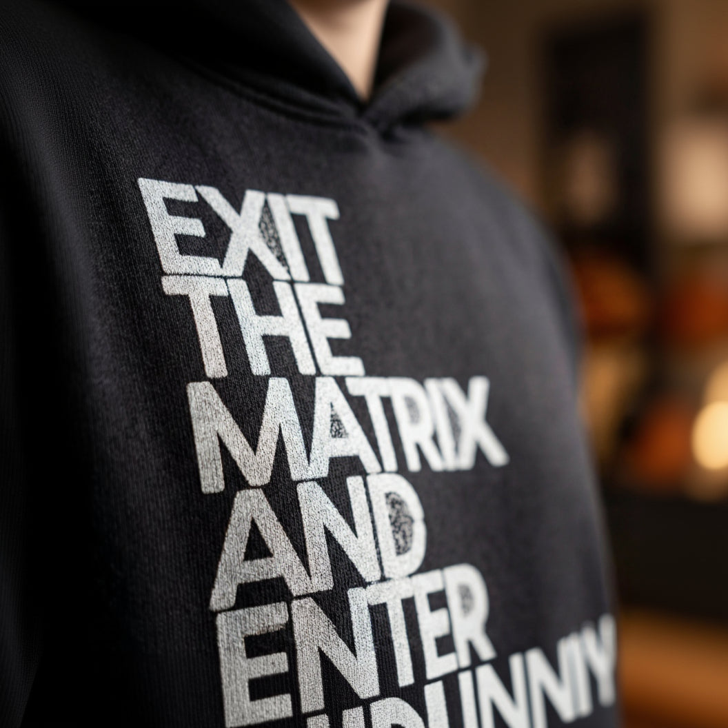 Black hoodie with text 'EXIT THE MATRIX AND ENTER VRINDAVAN' on a blurred background