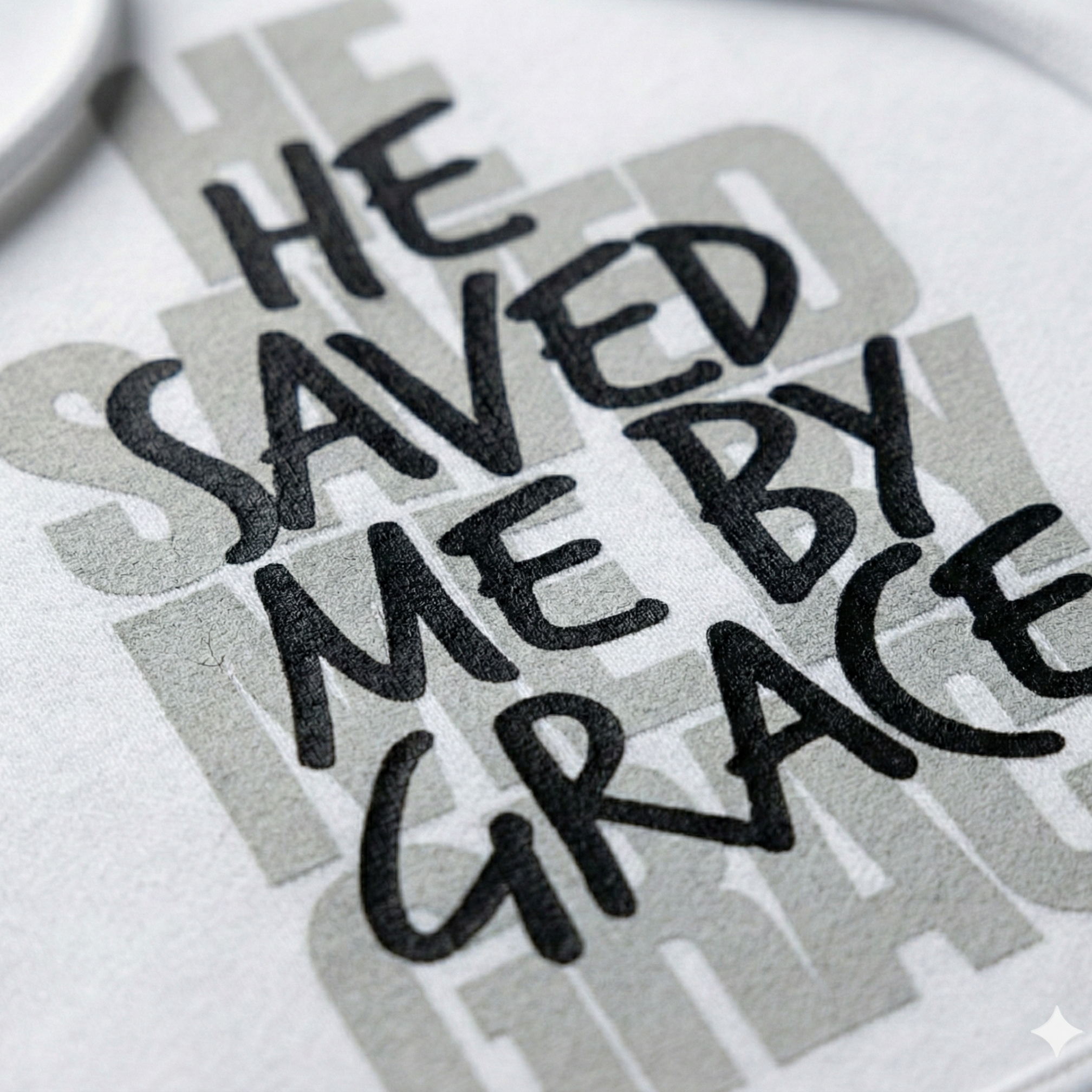 Text 'HE SAVED ME BY GRACE' on a white background