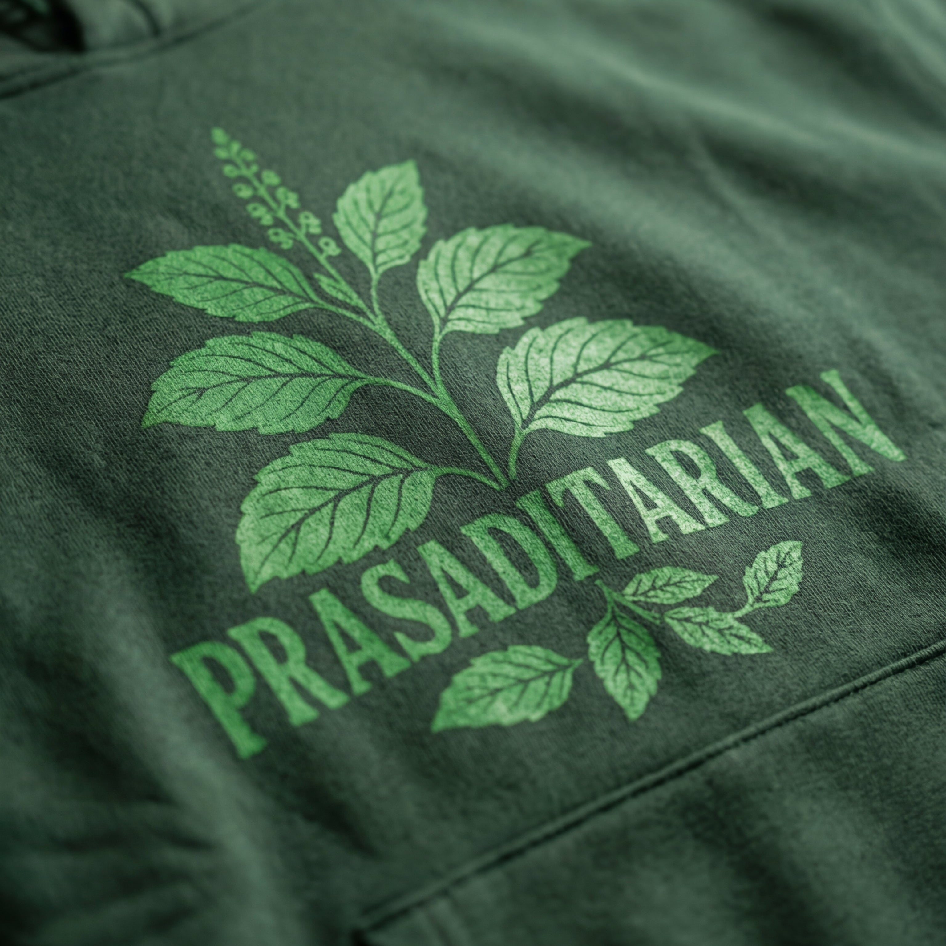 Green hoodie with 'Prasaditarian' design on the back